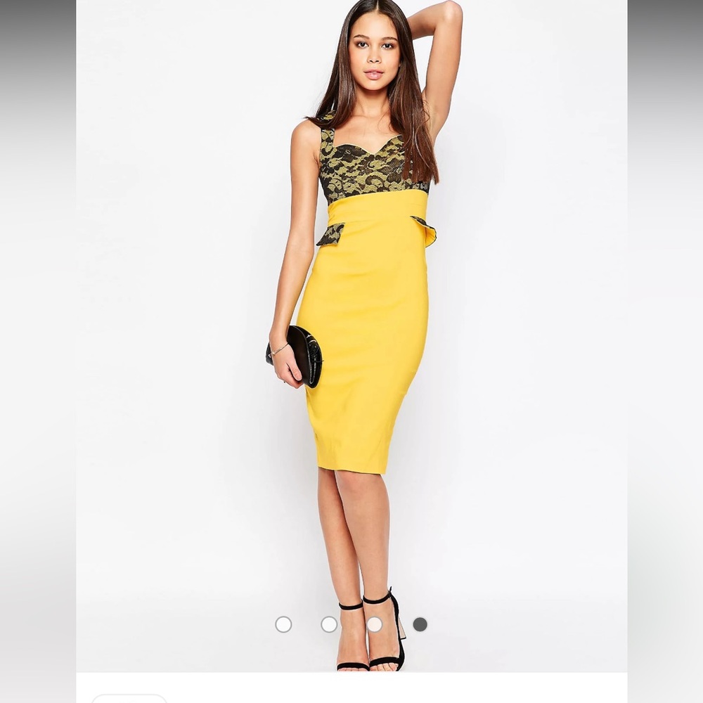 Vesper Stretchy Midi Yellow and Black Lace Dress